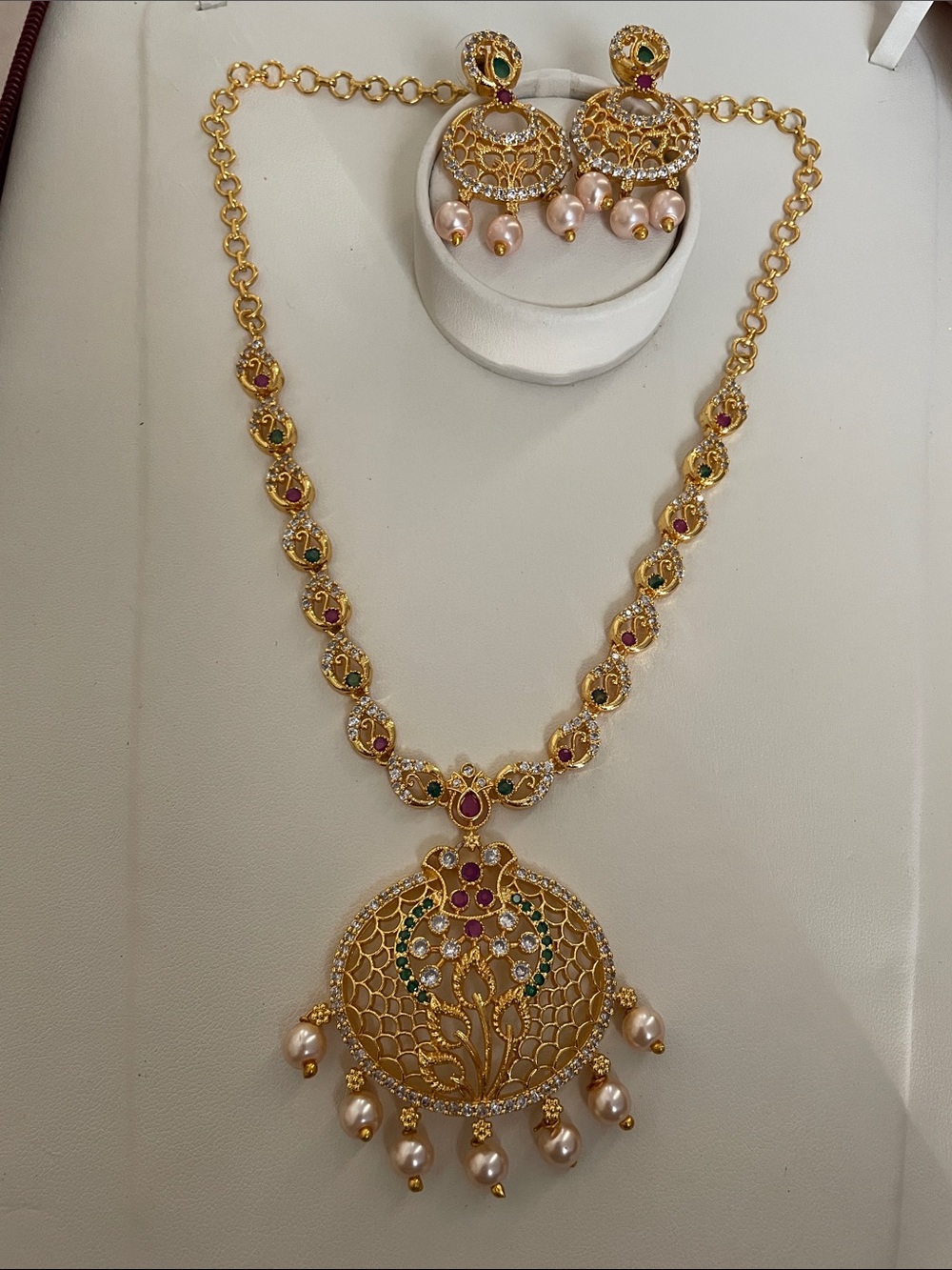 Gold-Tone Filigree Pendant Necklace with Pink Pearl Drops and Green Accents